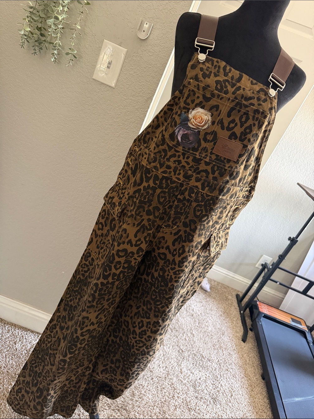 Leopard Print Wide-Leg Overalls - Brown